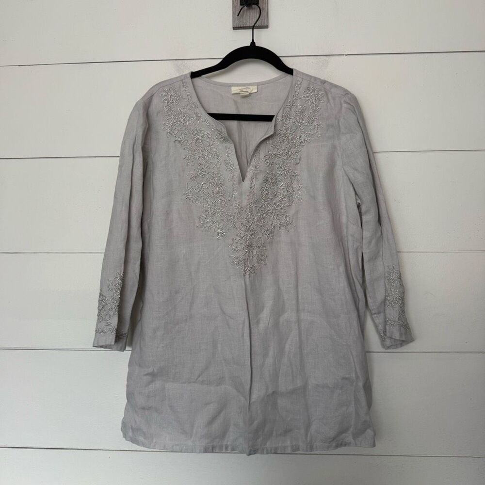 Linen Charter Club Luxury Women’s Large Gray Linen Top Blouse